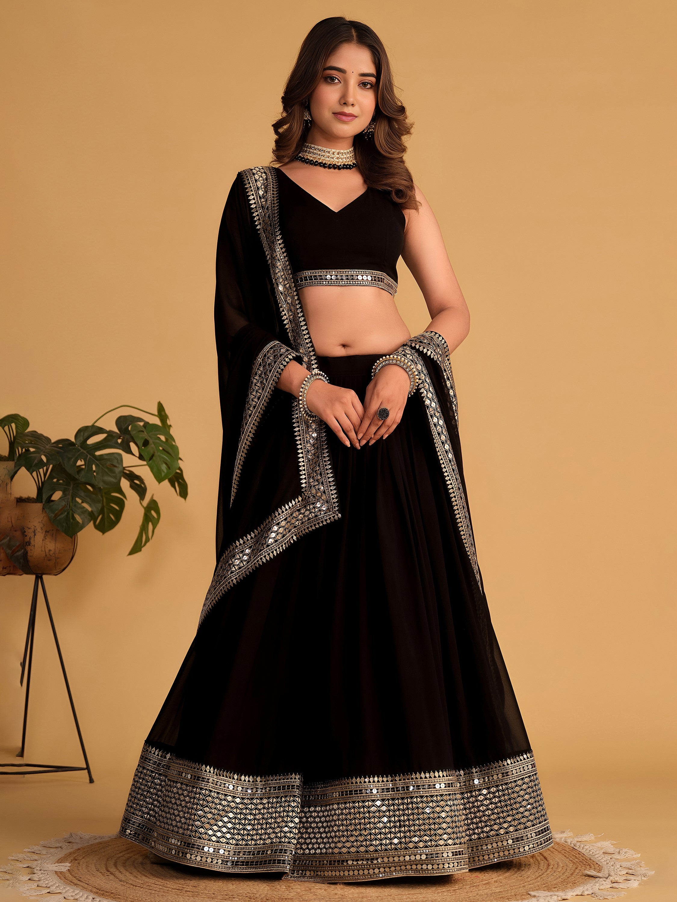 Beautiful Black Zari Embroidered Georgette Lehenga Choli With Dupatta