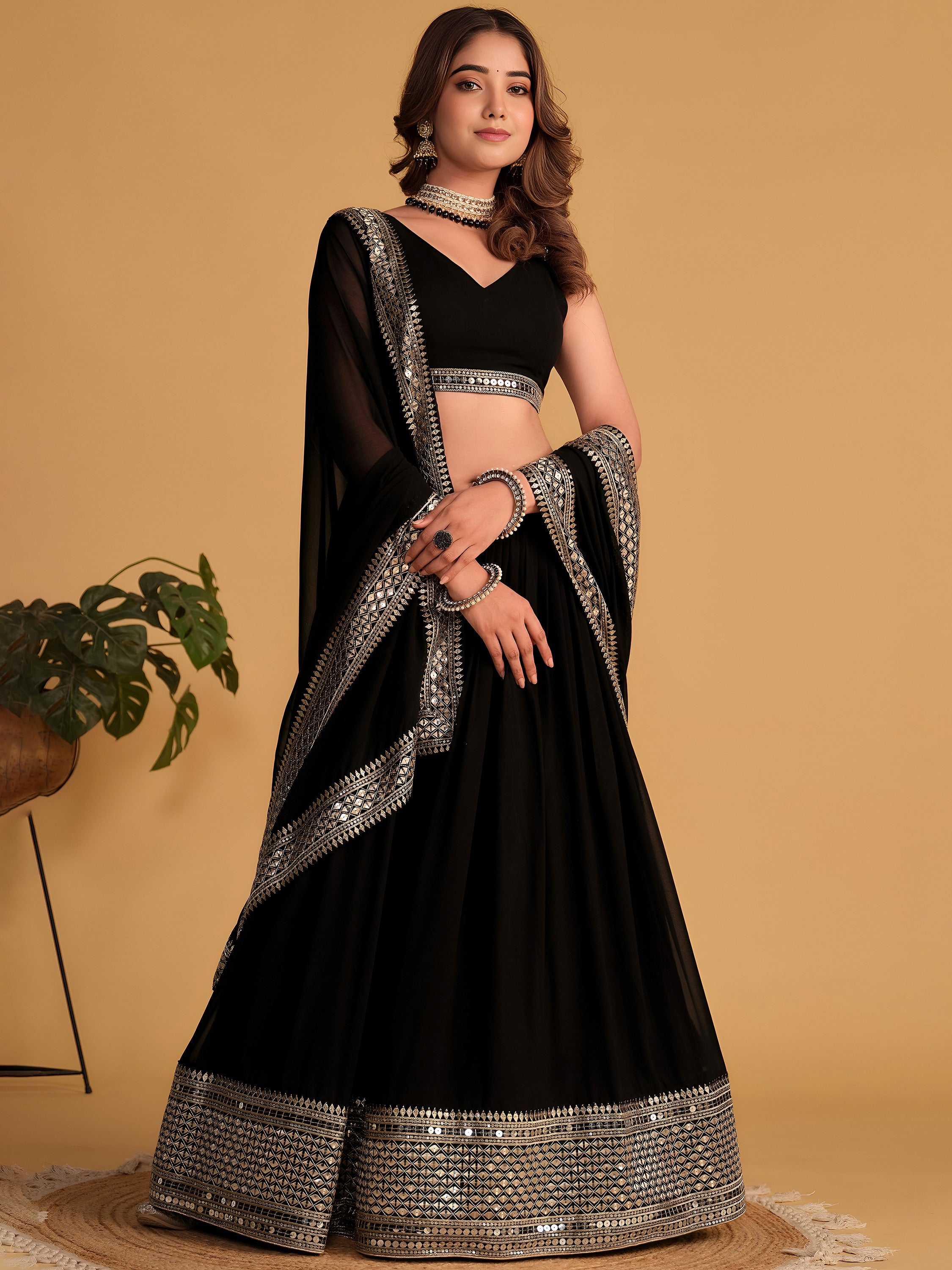 Beautiful Black Zari Embroidered Georgette Lehenga Choli With Dupatta