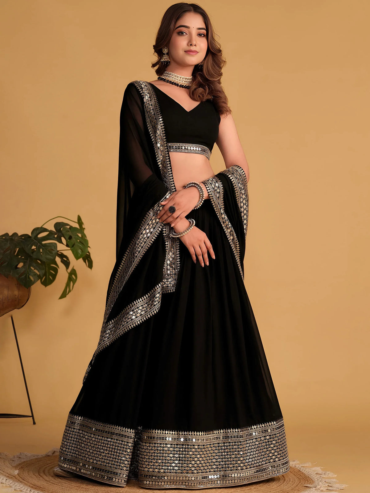 Beautiful Black Zari Embroidered Georgette Lehenga Choli With Dupatta