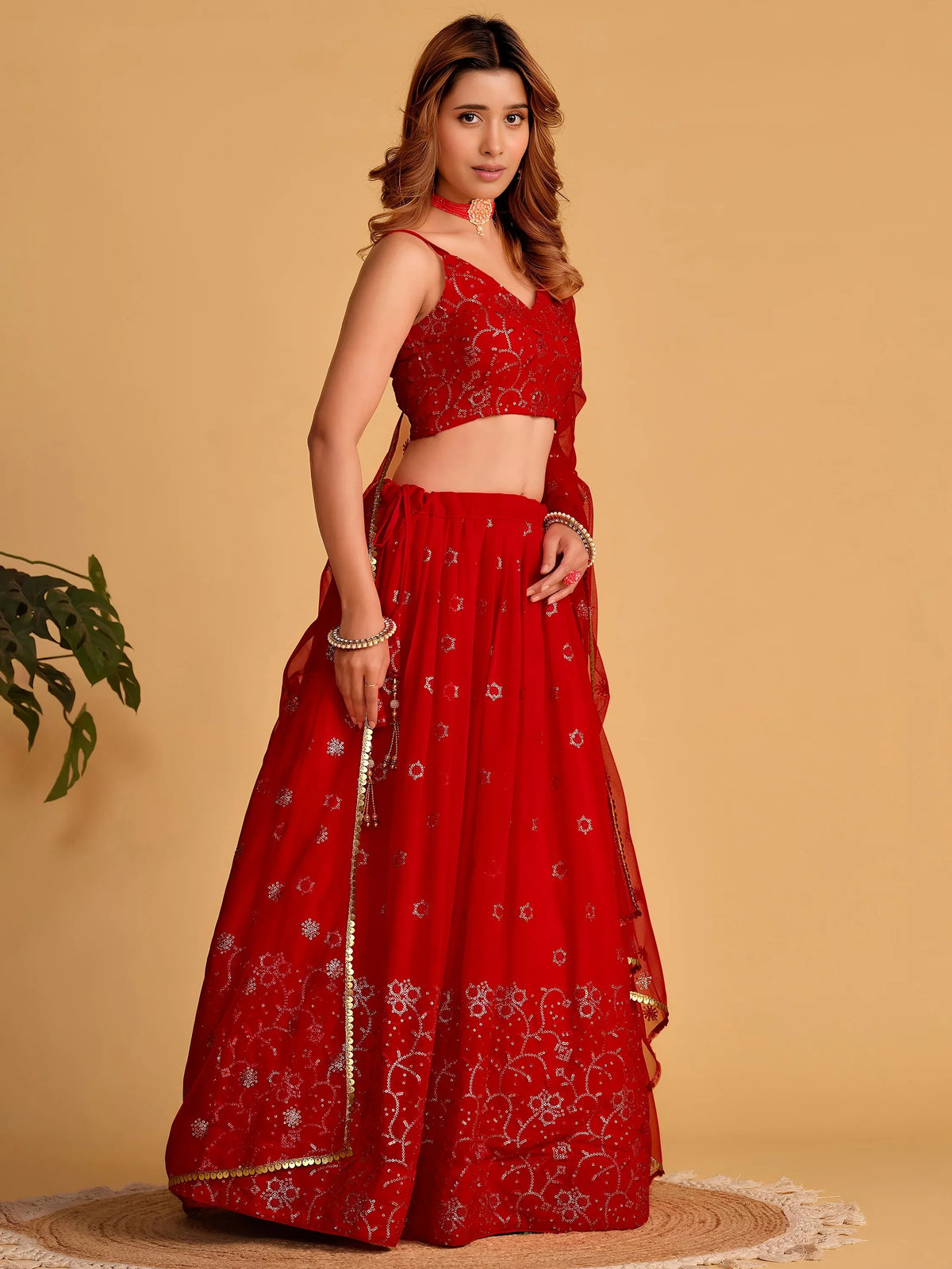 Marvelous Red Embroidered Georgette Engagement Wear Lehenga Choli