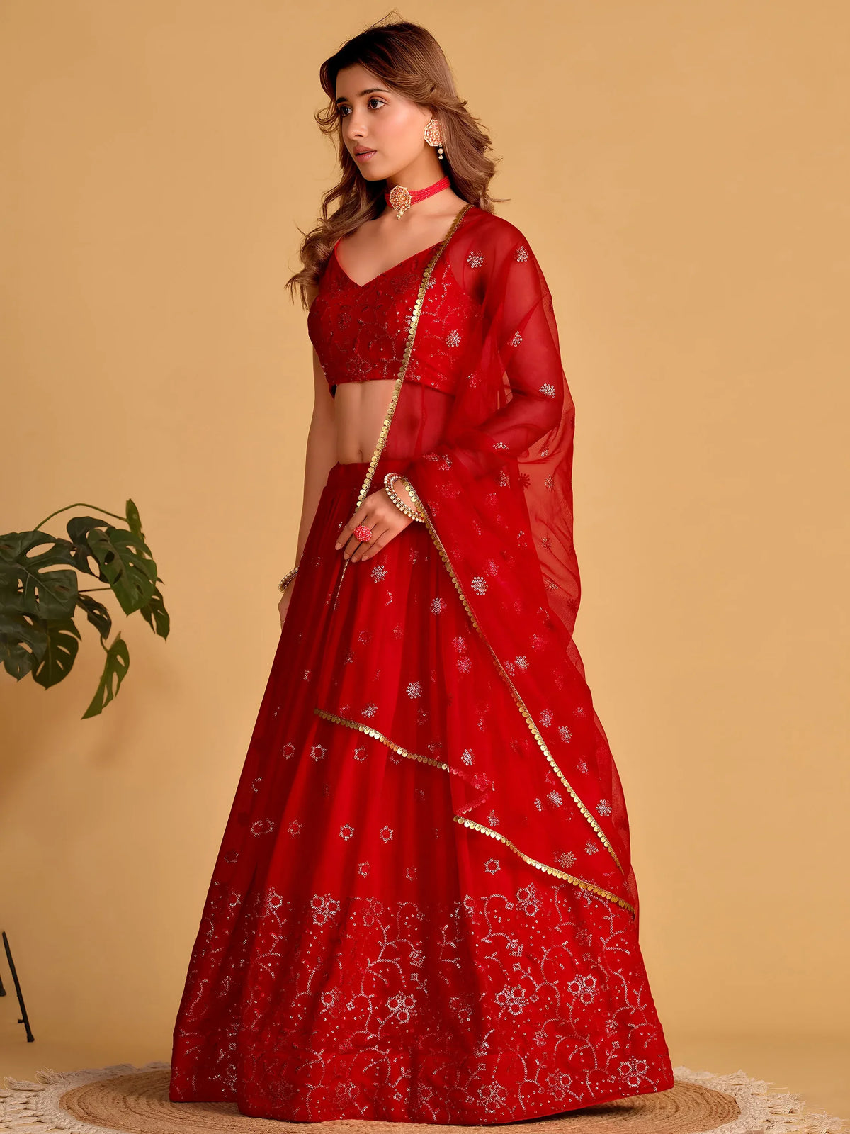 Marvelous Red Embroidered Georgette Engagement Wear Lehenga Choli