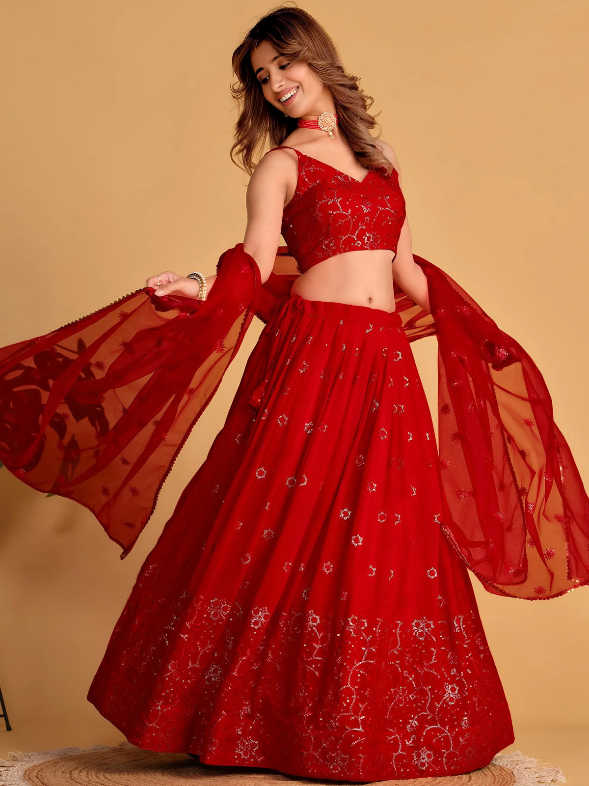 Marvelous Red Embroidered Georgette Engagement Wear Lehenga Choli