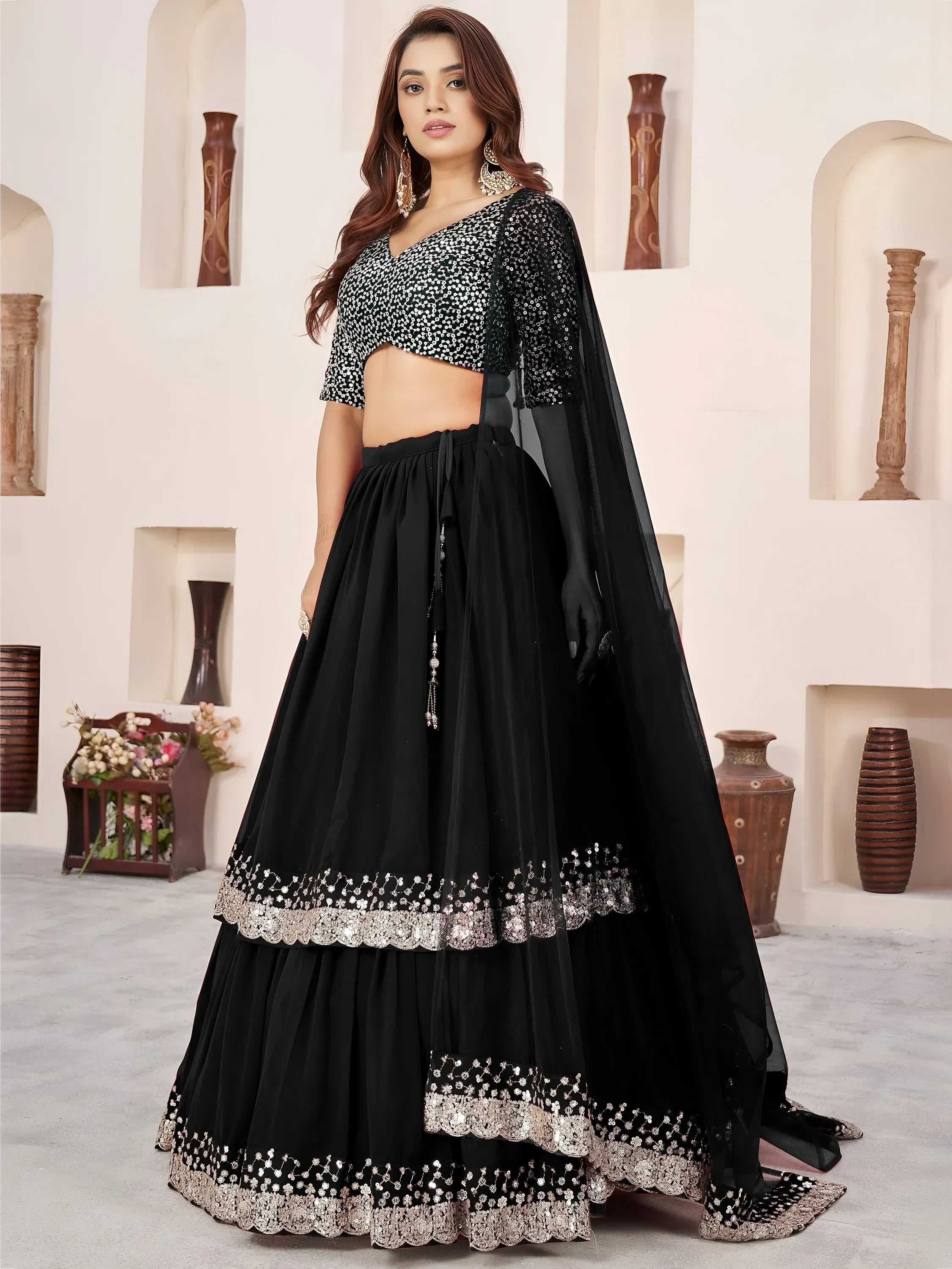 Outstanding Black Sequins Georgette Wedding Wear Lehenga Choli