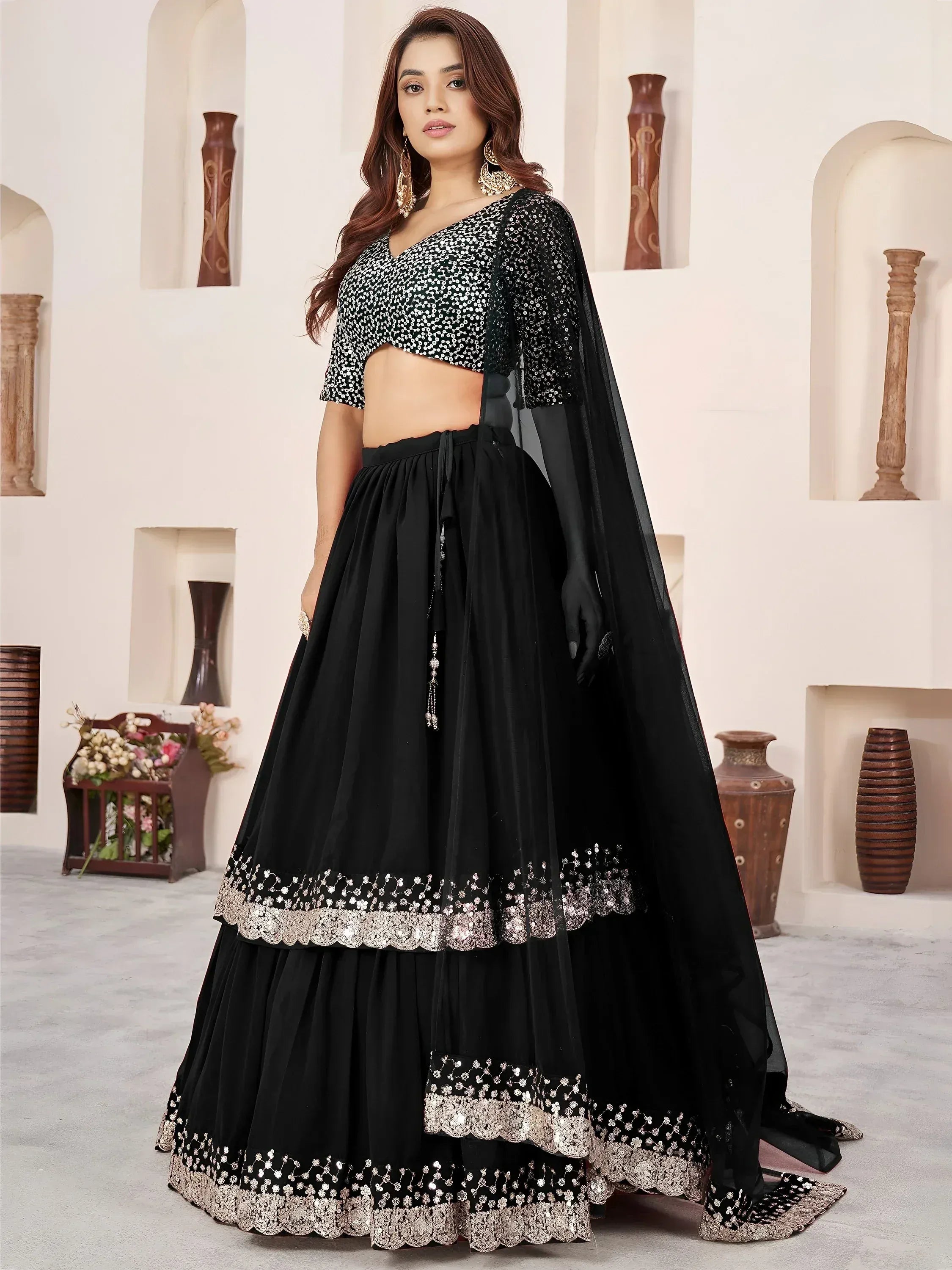 Outstanding Black Sequins Georgette Wedding Wear Lehenga Choli