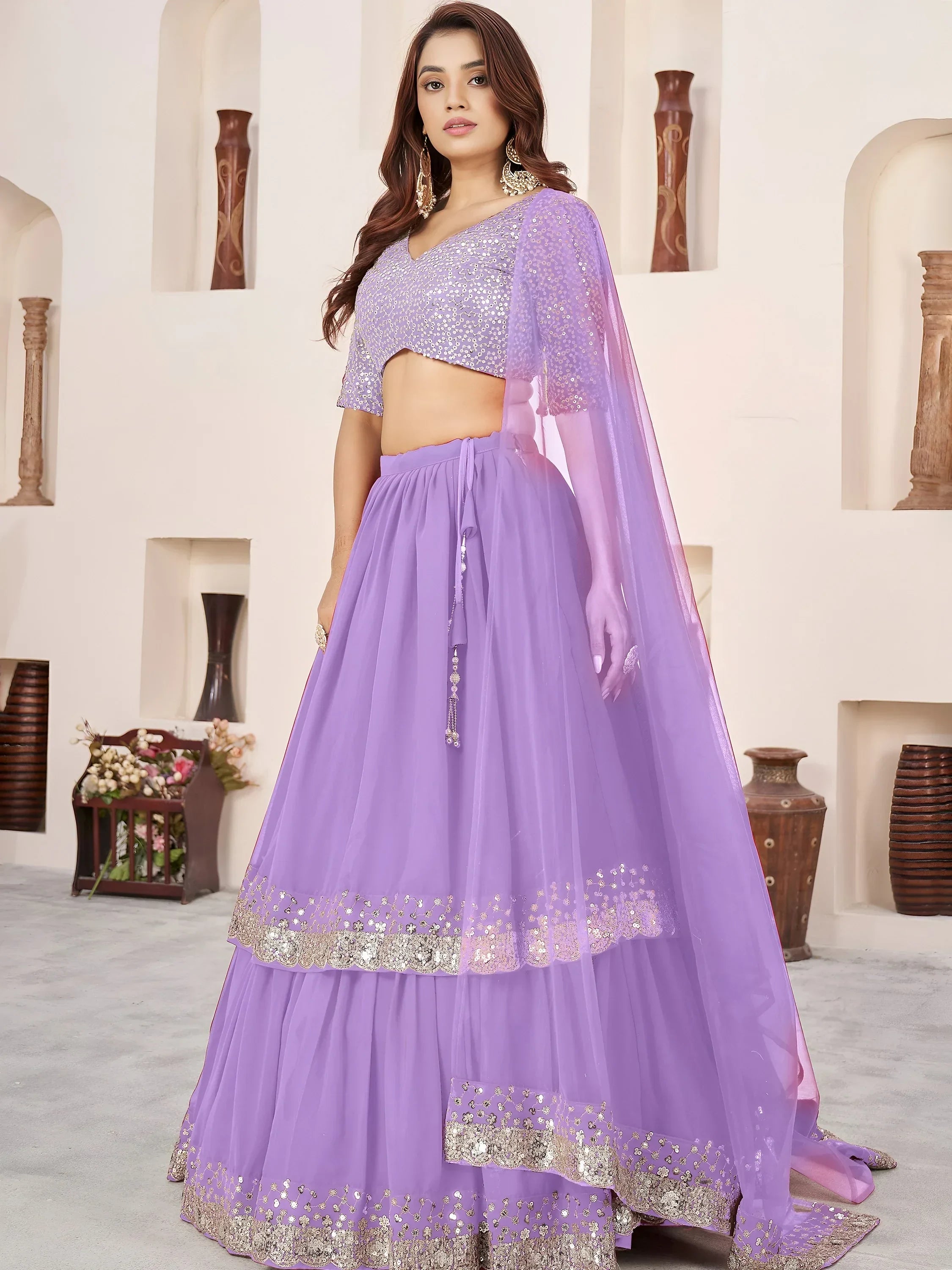 Precious Lavender Sequins Georgette Wedding Wear Lehenga Choli