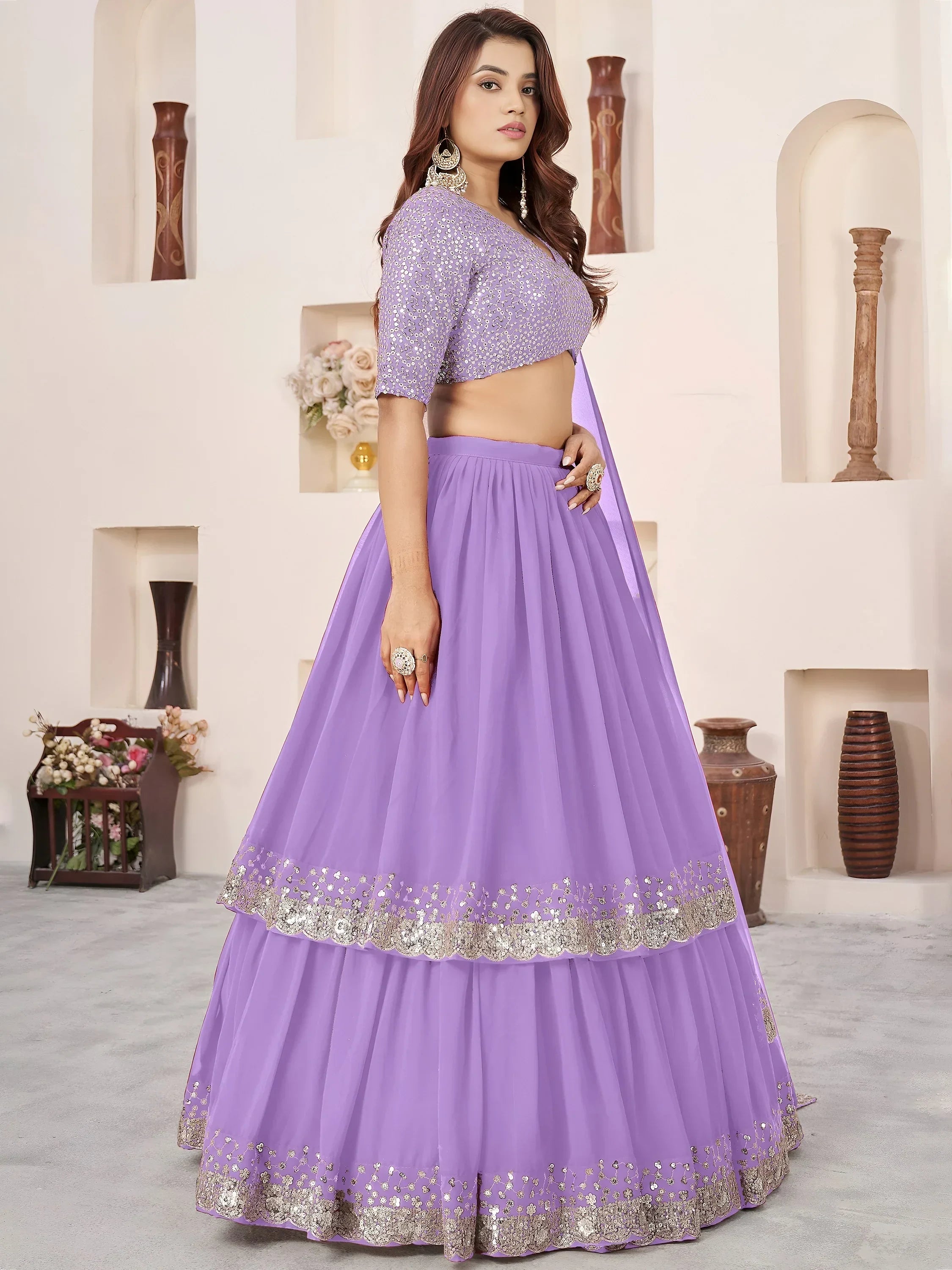 Precious Lavender Sequins Georgette Wedding Wear Lehenga Choli