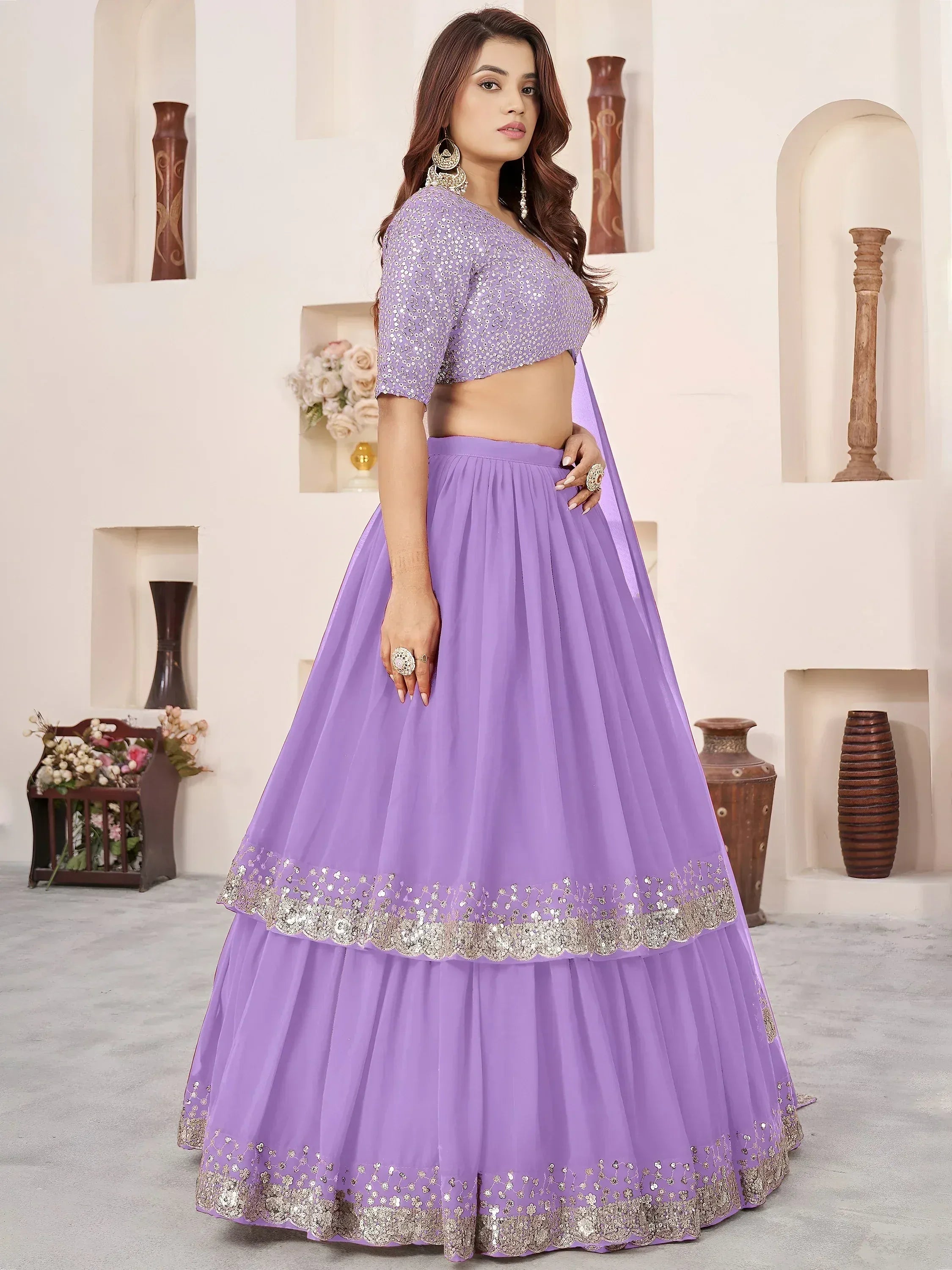 Precious Lavender Sequins Georgette Wedding Wear Lehenga Choli