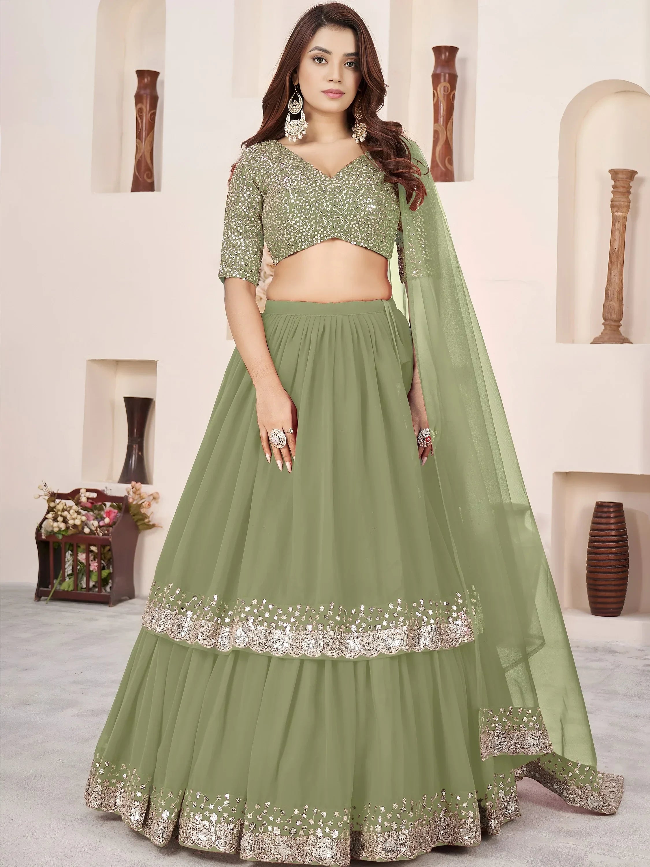 Amazing Olive Green Sequins Georgette Wedding Wear Lehenga Choli