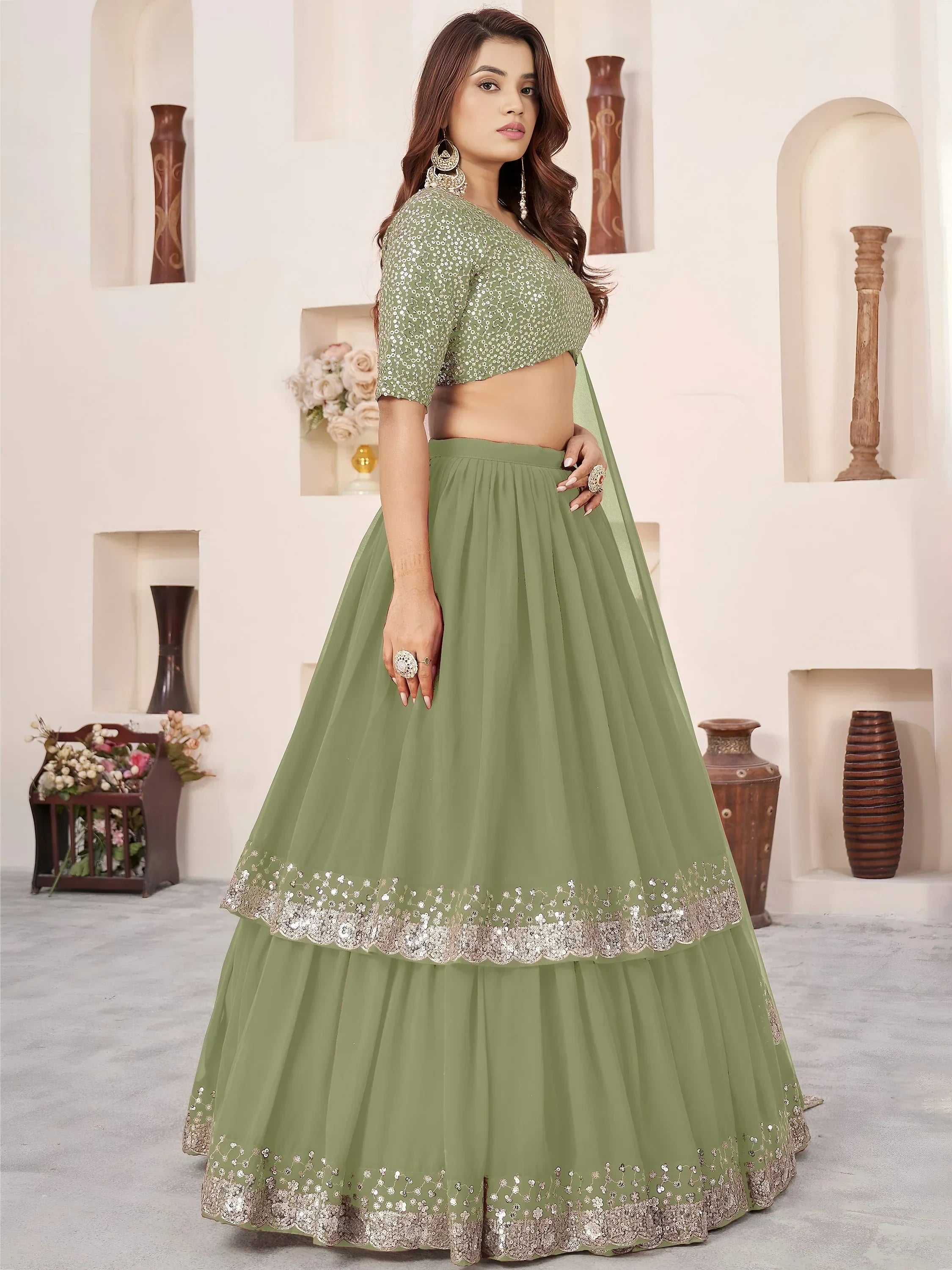 Amazing Olive Green Sequins Georgette Wedding Wear Lehenga Choli
