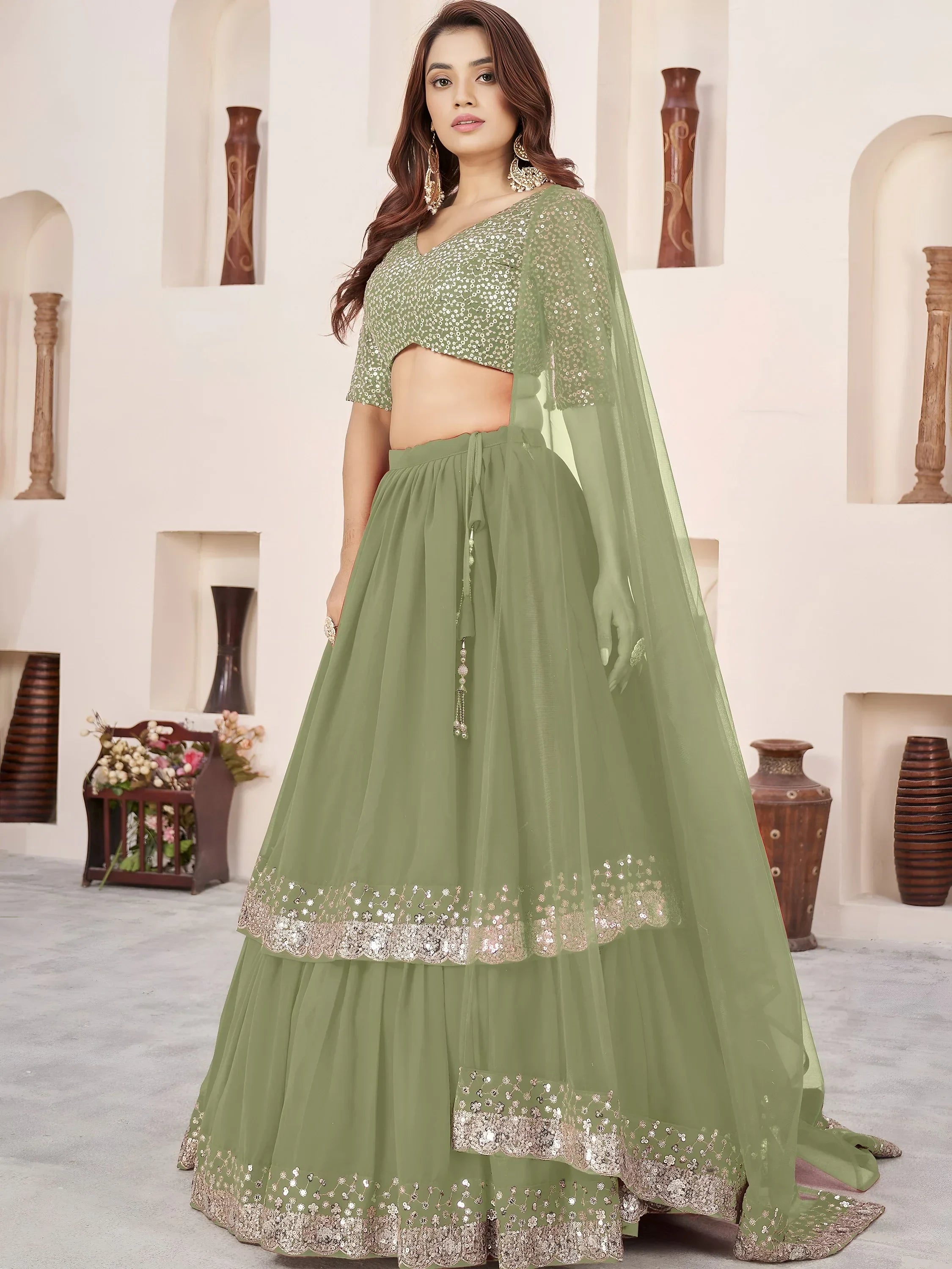 Amazing Olive Green Sequins Georgette Wedding Wear Lehenga Choli