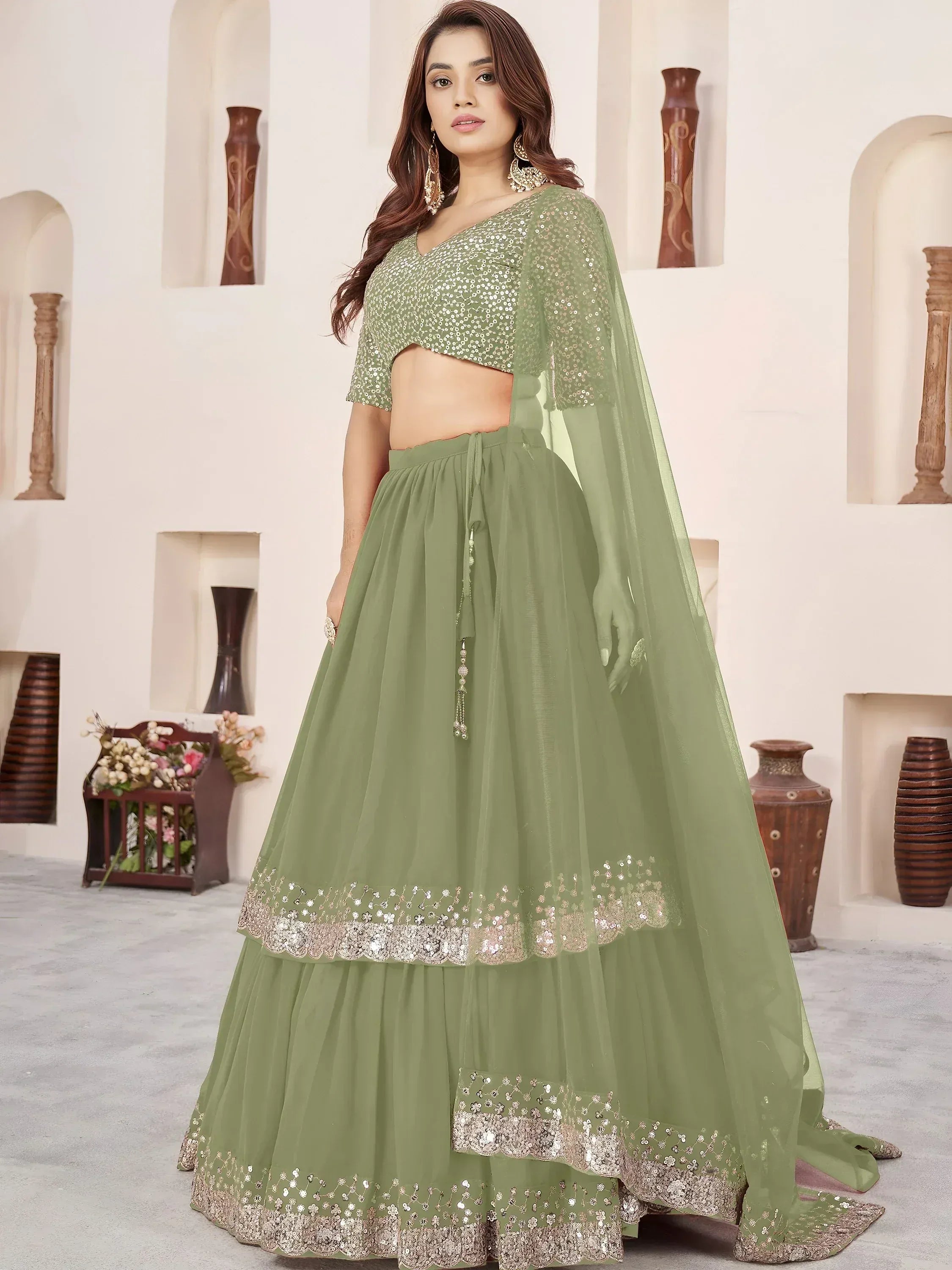 Amazing Olive Green Sequins Georgette Wedding Wear Lehenga Choli