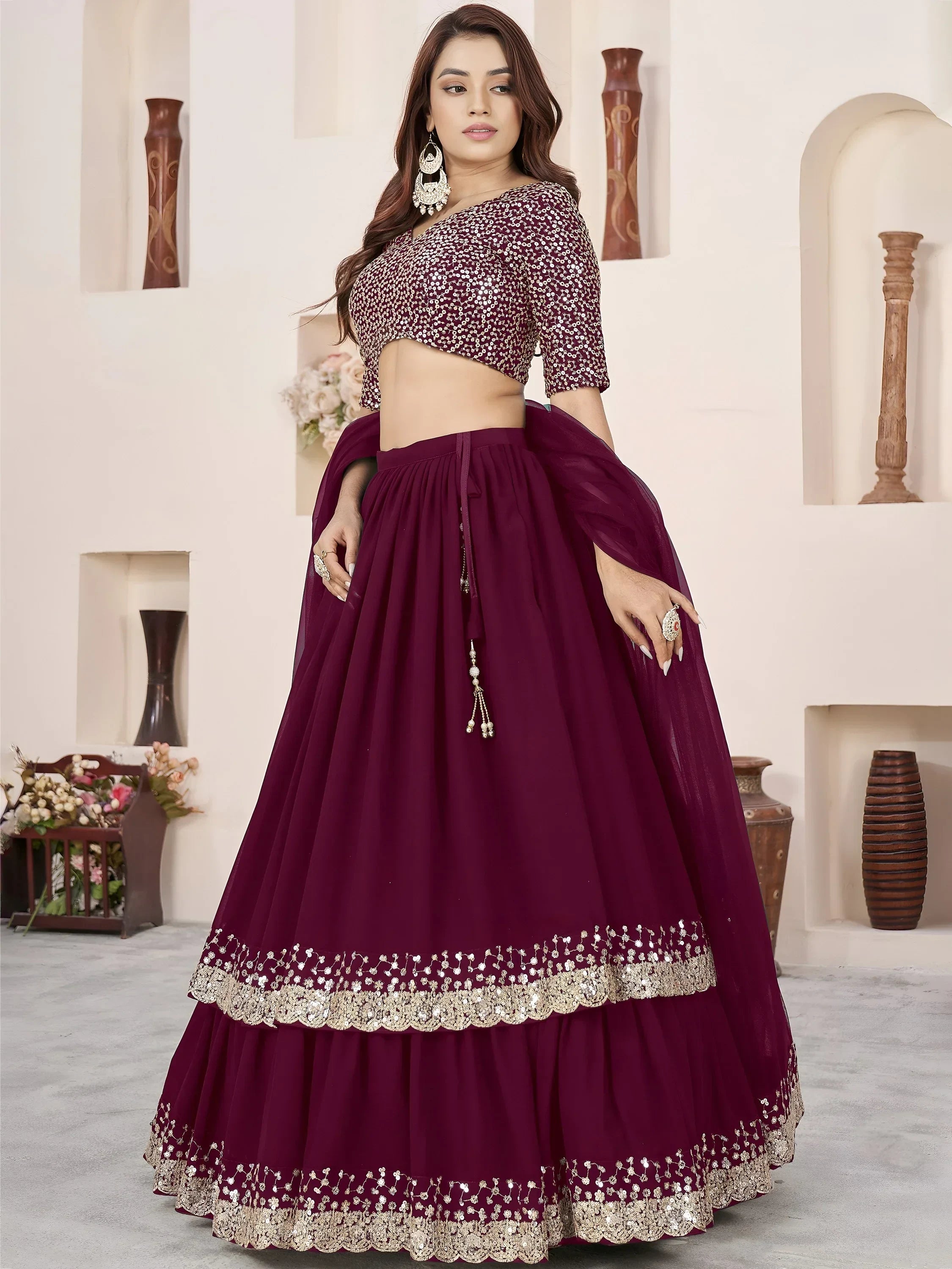 Charming Purple Sequins Georgette Engagement Wear Lehenga Choli