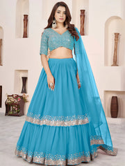 Dazzling Sky Blue Sequins Georgette Sangeet Wear Lehenga Choli