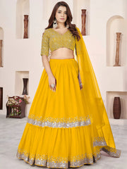 Stunning Yellow Sequins Georgette Haldi Wear Lehenga Choli