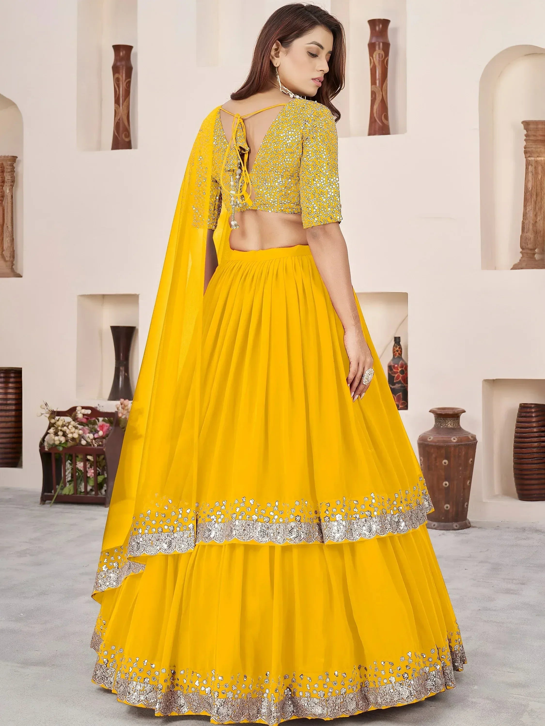 Stunning Yellow Sequins Georgette Haldi Wear Lehenga Choli