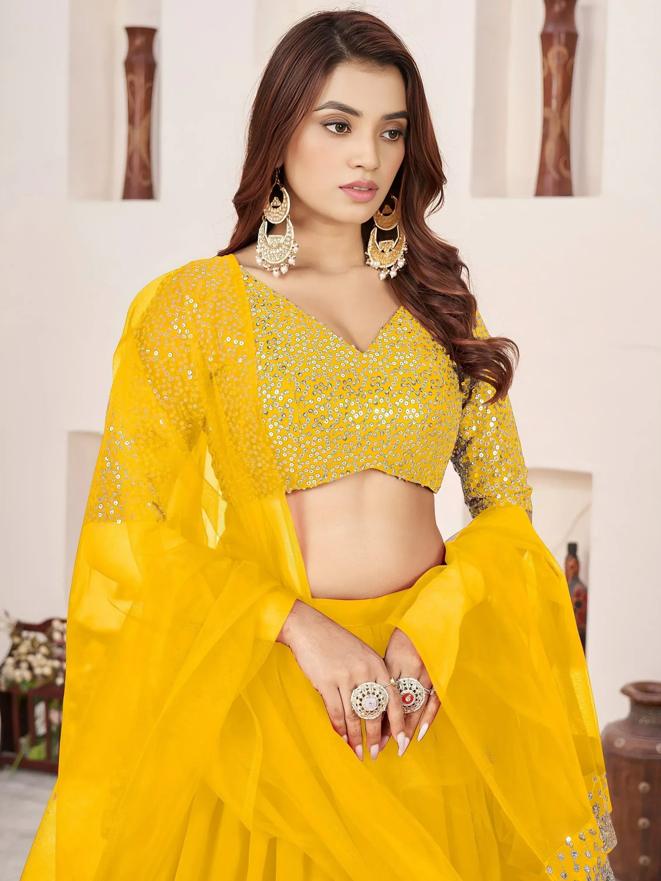Stunning Yellow Sequins Georgette Haldi Wear Lehenga Choli