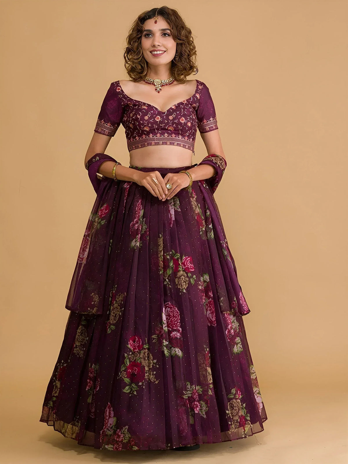 Purple floral lehenga choli with embroidered blouse, perfect for Indian ethnic wear occasions