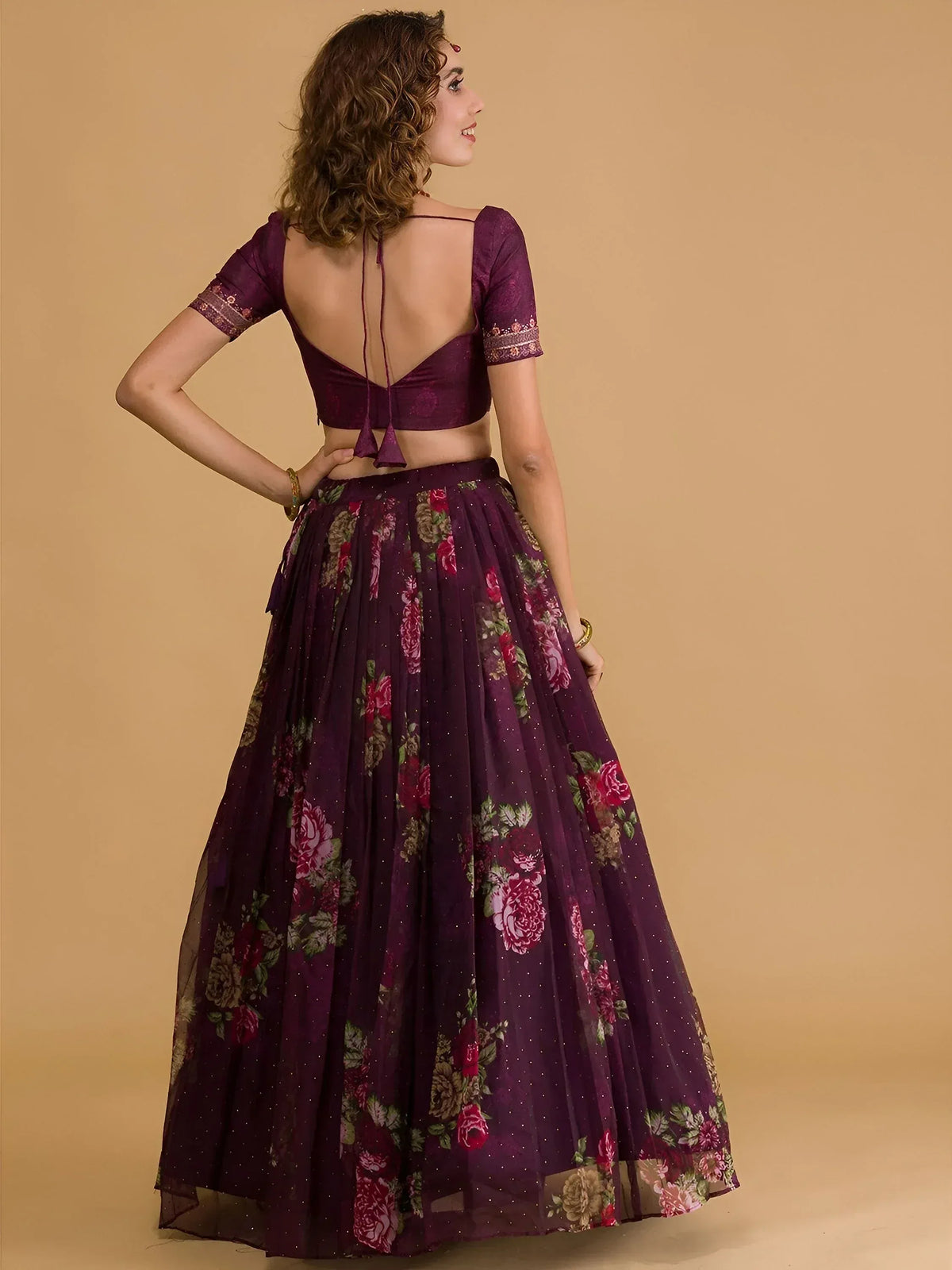Purple floral lehenga choli with backless blouse, perfect for Indian ethnic wear events