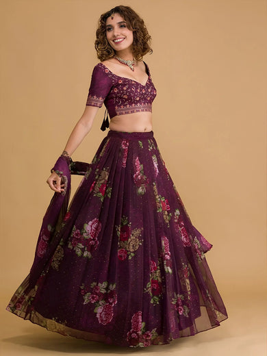 Stunning Wine Floral Digital Organza Festival Wear Lehenga Choli