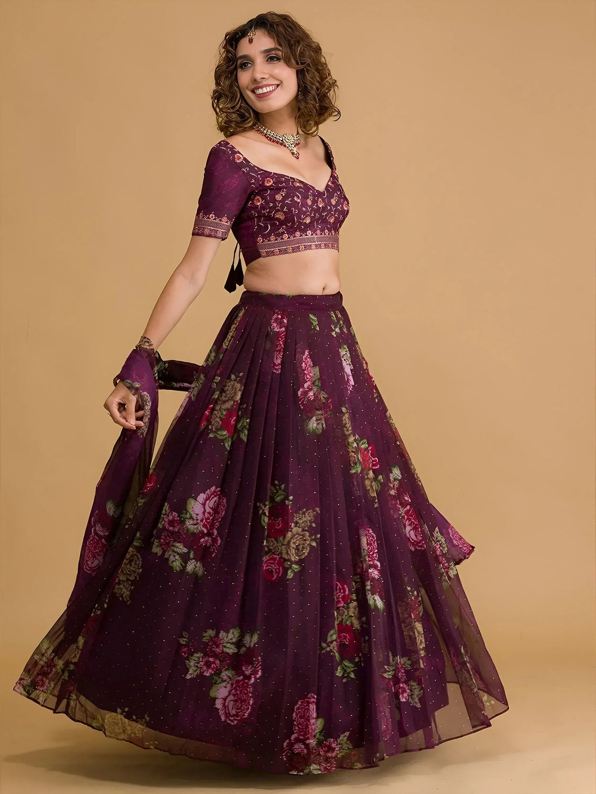 Purple floral lehenga choli with embroidery, perfect for Indian ethnic wear and festive occasions