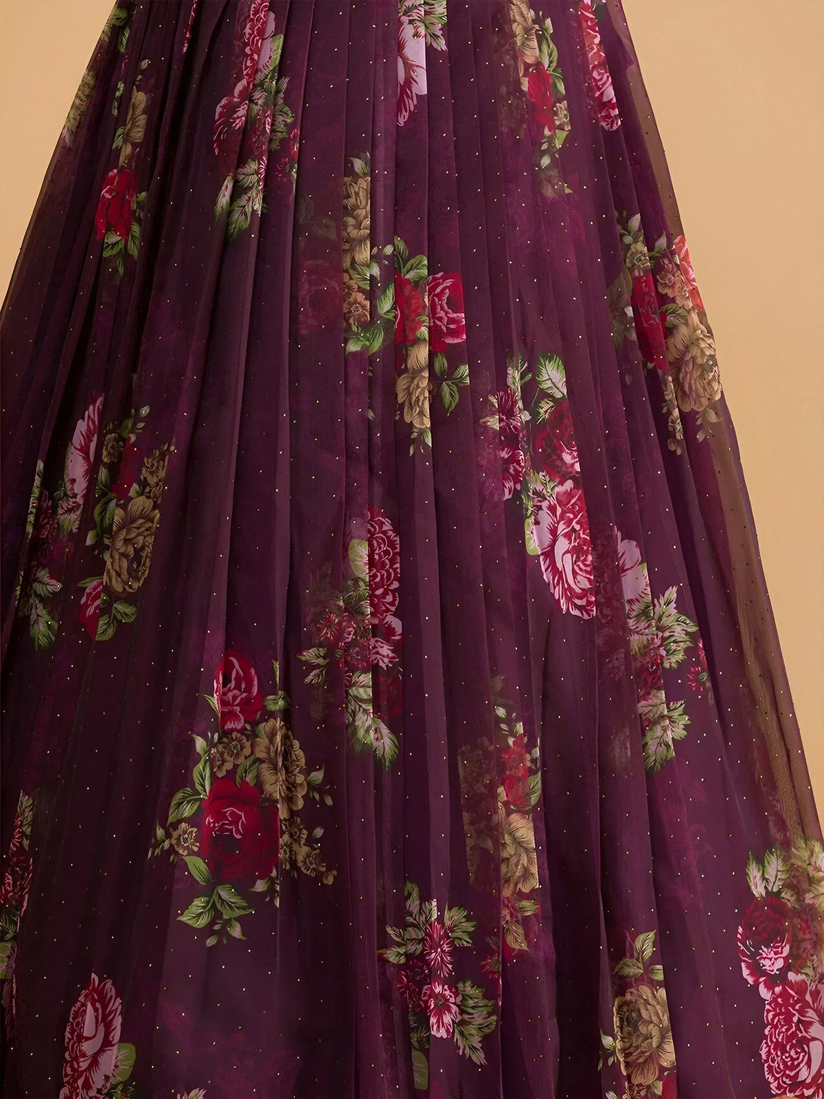 Purple floral lehenga skirt with glitter, perfect for Indian ethnic wear and festive occasions.