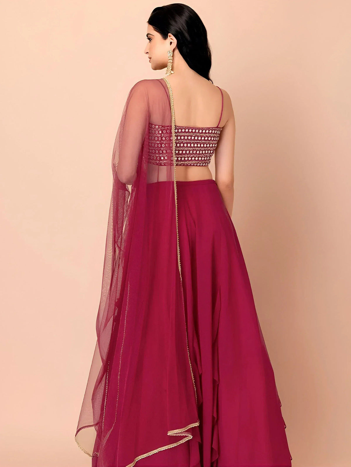 Burgundy lehenga choli with mirror work blouse and sheer dupatta, ethnic wear for women