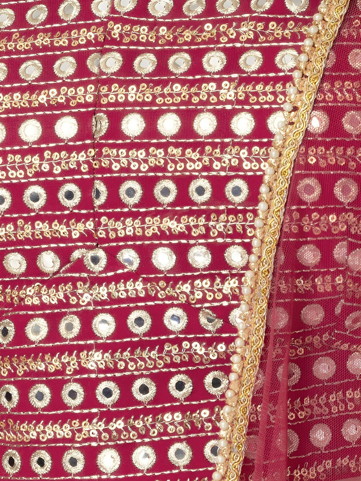 Rich maroon ethnic lehenga with gold mirror work, sequins, and pearl border detailing