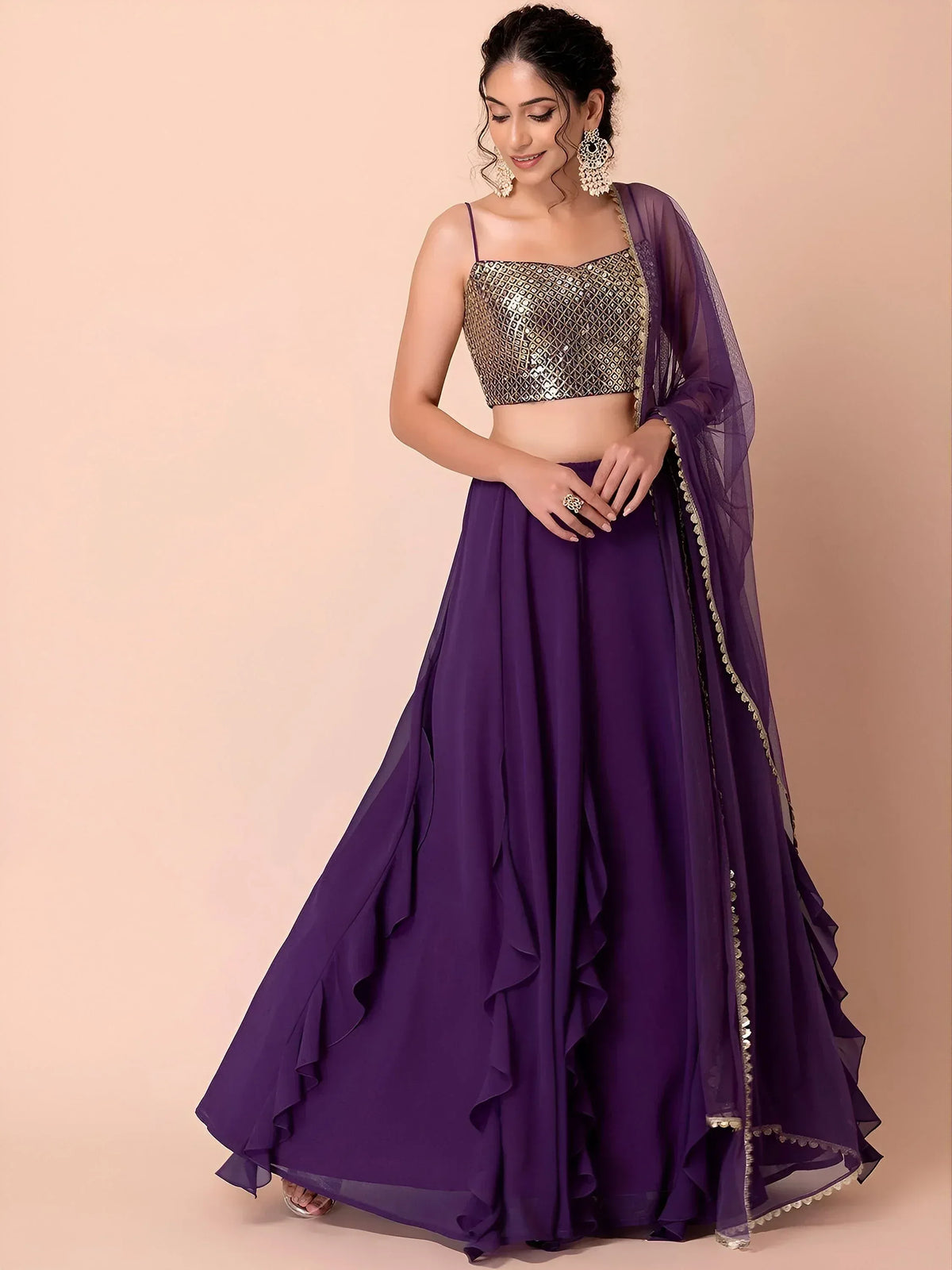 Purple ruffle lehenga with sequin crop top and sheer dupatta, Indian ethnic wear