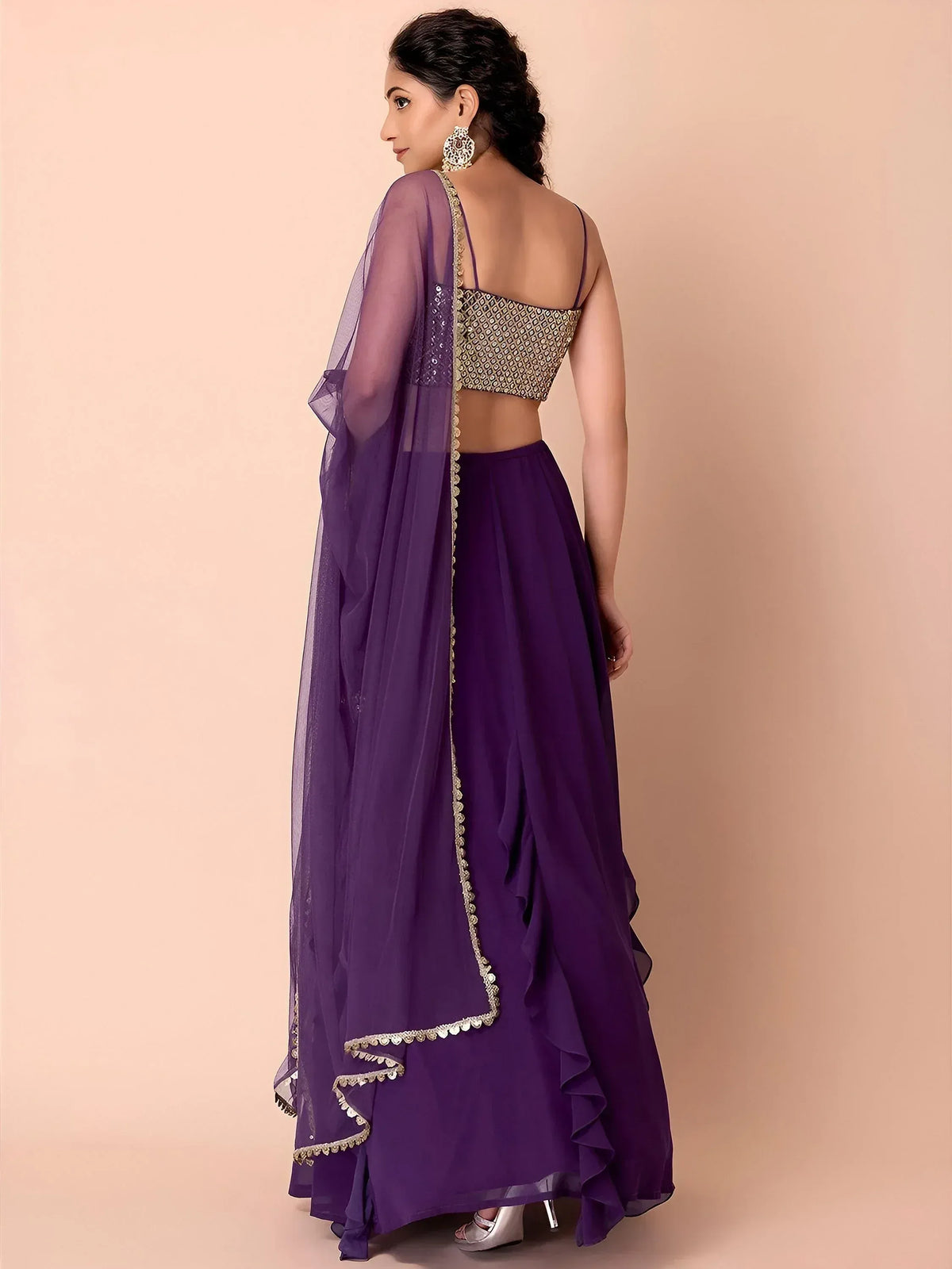 Purple lehenga choli with gold embroidery and sheer dupatta, Indian ethnic wear for women