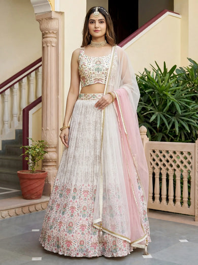 Pretty Off-White Digital Printed Georgette Festive Wear Lehenga Choli