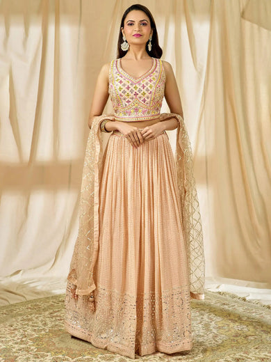 Beautiful Peach Thread Embroidered Georgette Wedding Lehenga Choli