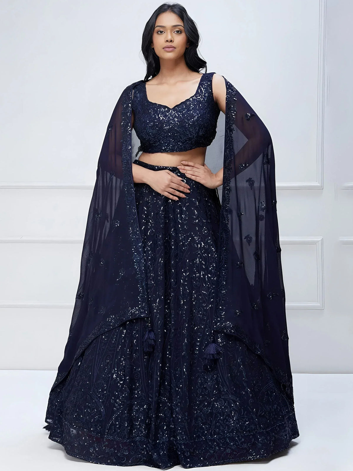 Navy blue sequined lehenga choli with sheer dupatta, Indian ethnic wear for weddings and parties
