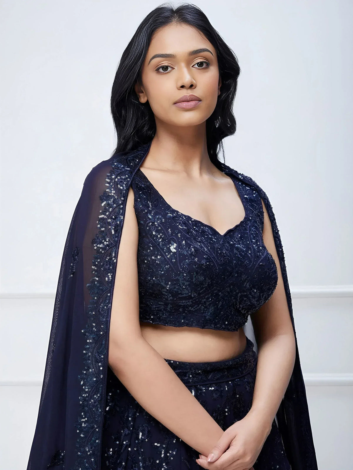 Navy blue sequined lehenga choli with cape, Indian ethnic wear for women