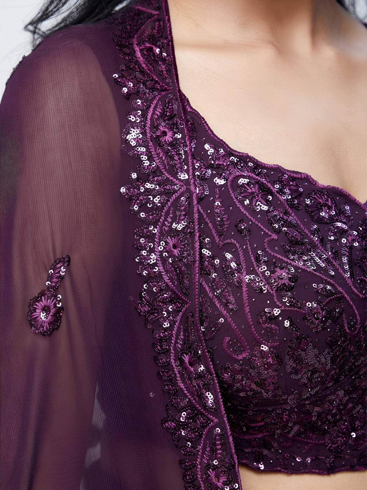 Purple sequin-embellished ethnic blouse with sheer sleeves and floral embroidery