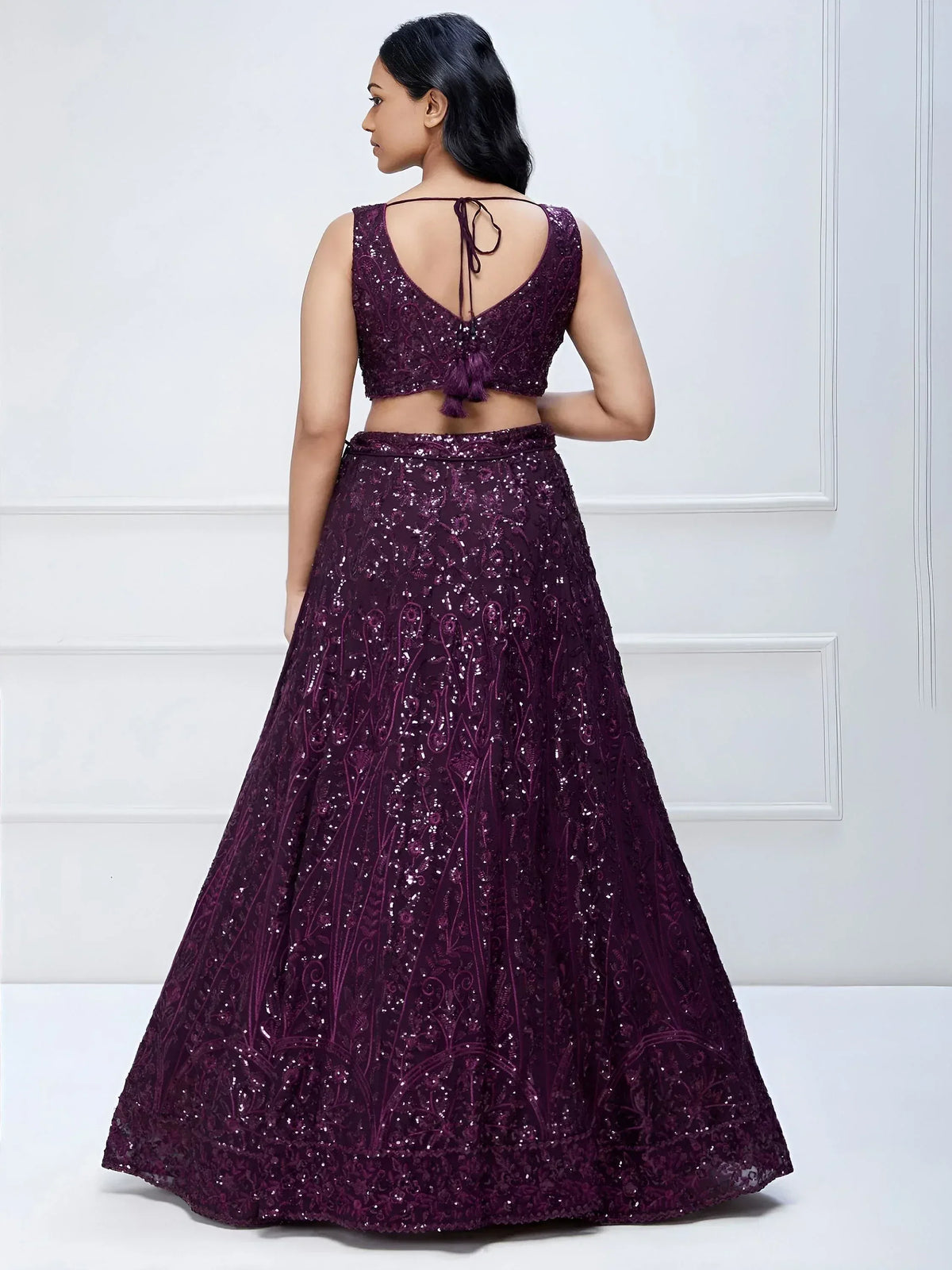 Purple sequin lehenga choli with back tie blouse, Indian ethnic wear for women