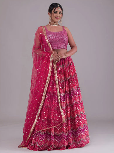 Glamorous Pink Digital Printed Georgette Wedding Wear Lehenga Choli