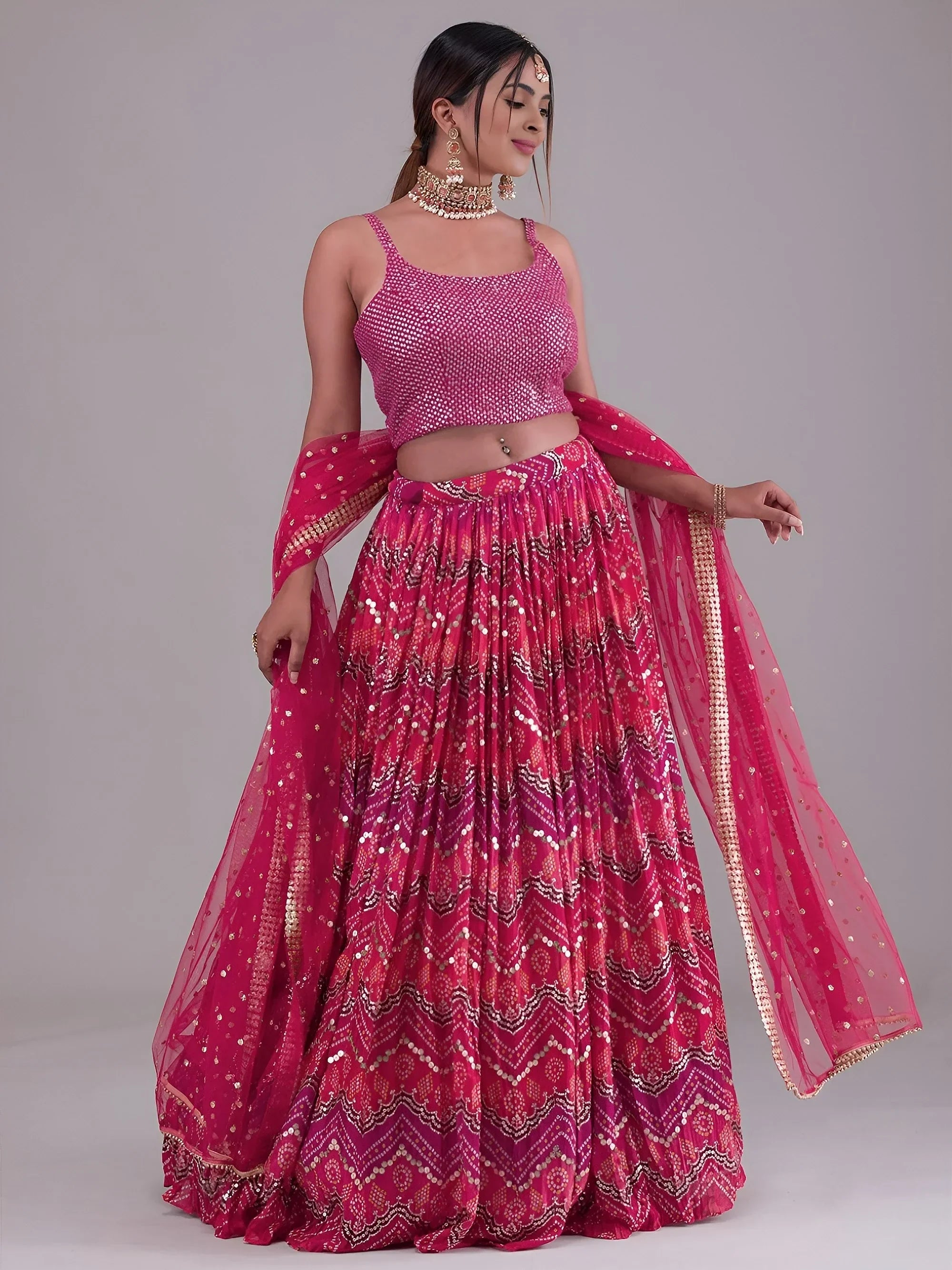 Glamorous Pink Digital Printed Georgette Wedding Wear Lehenga Choli