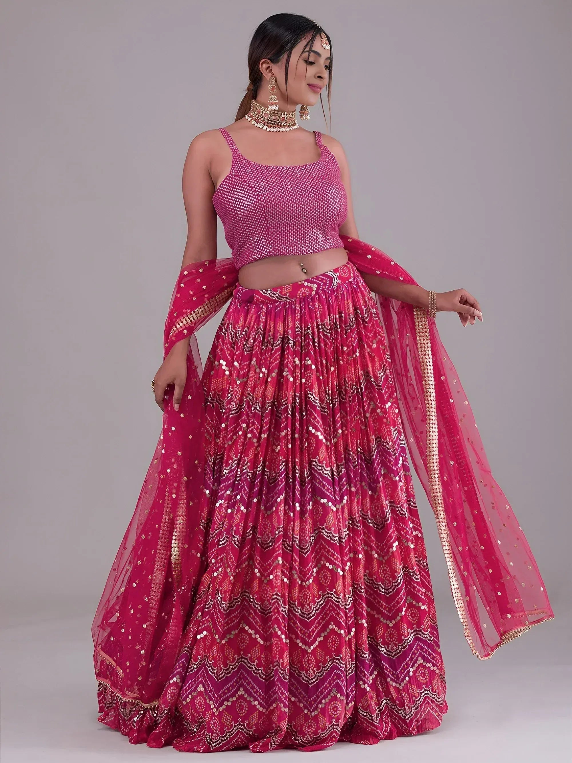 Glamorous Pink Digital Printed Georgette Wedding Wear Lehenga Choli