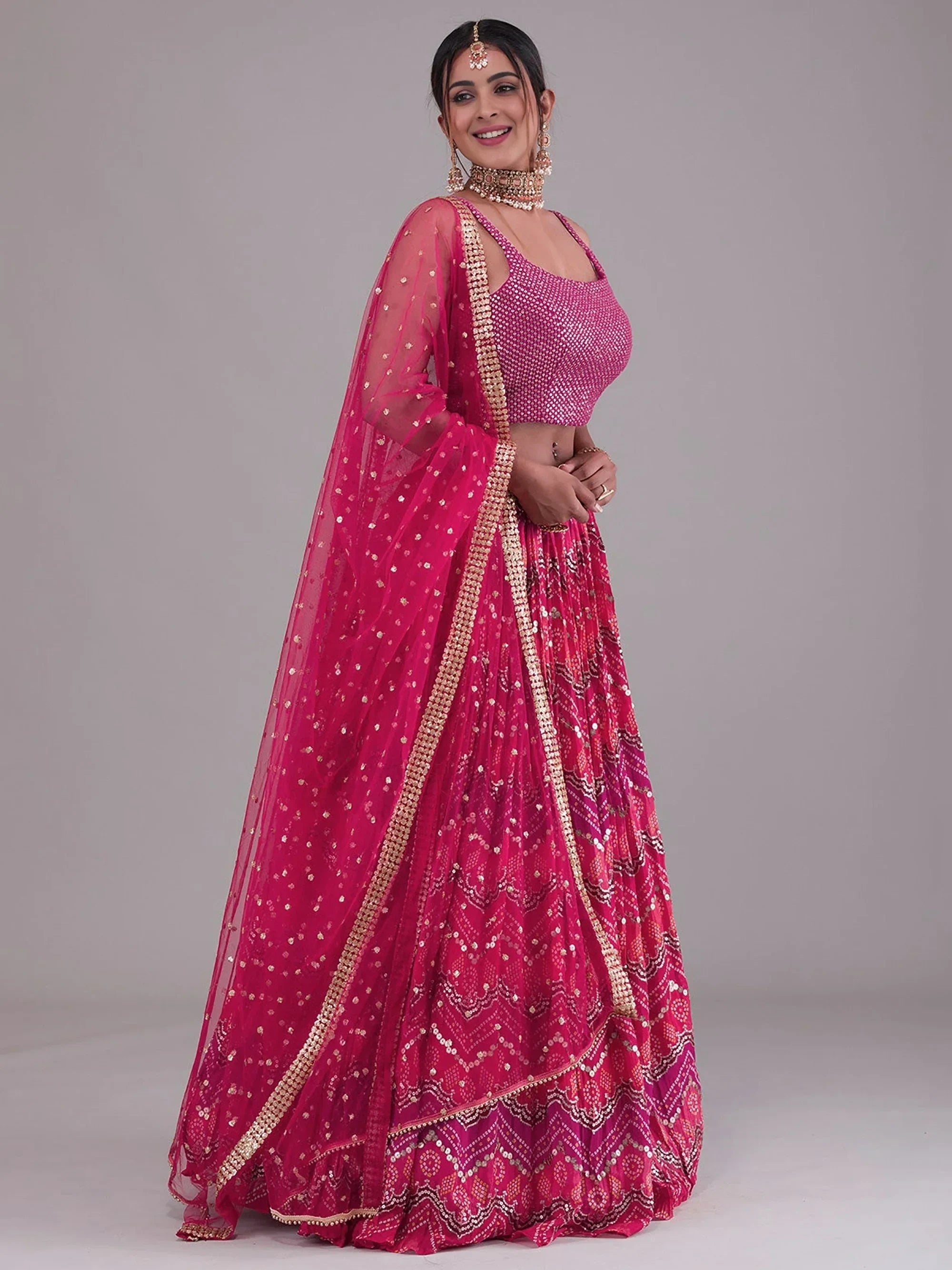 Glamorous Pink Digital Printed Georgette Wedding Wear Lehenga Choli