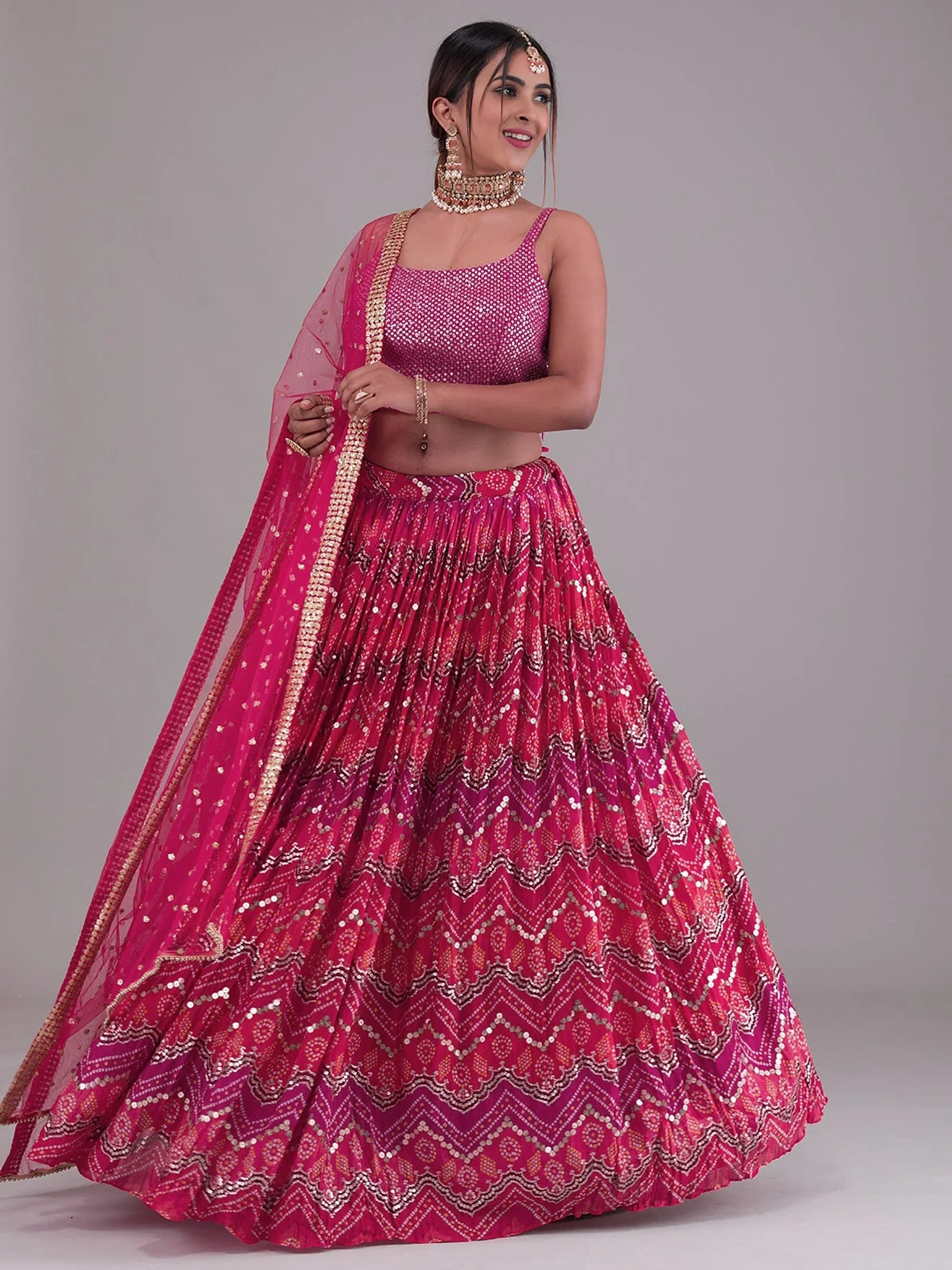 Glamorous Pink Digital Printed Georgette Wedding Wear Lehenga Choli