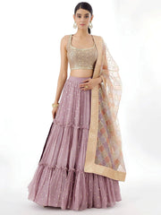 Beautiful Dusty Pink Zari Work Georgette Party Wear Lehenga Choli