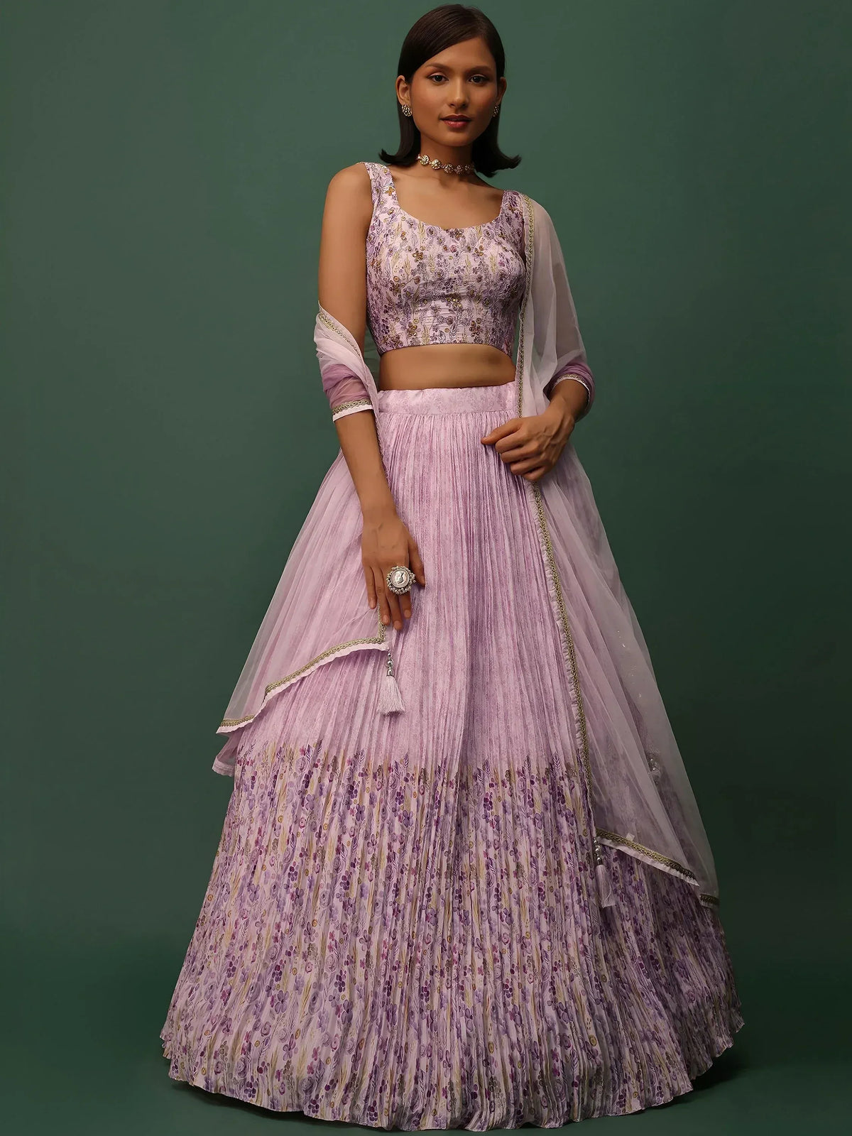 Lavender floral lehenga choli with sheer dupatta, perfect for Indian ethnic occasions