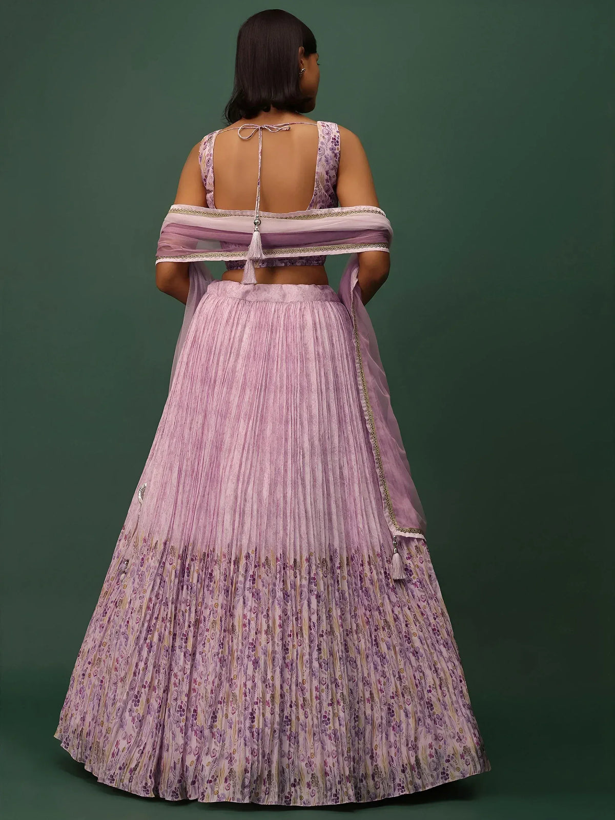 Purple floral lehenga choli with off-shoulder dupatta and back tie detail