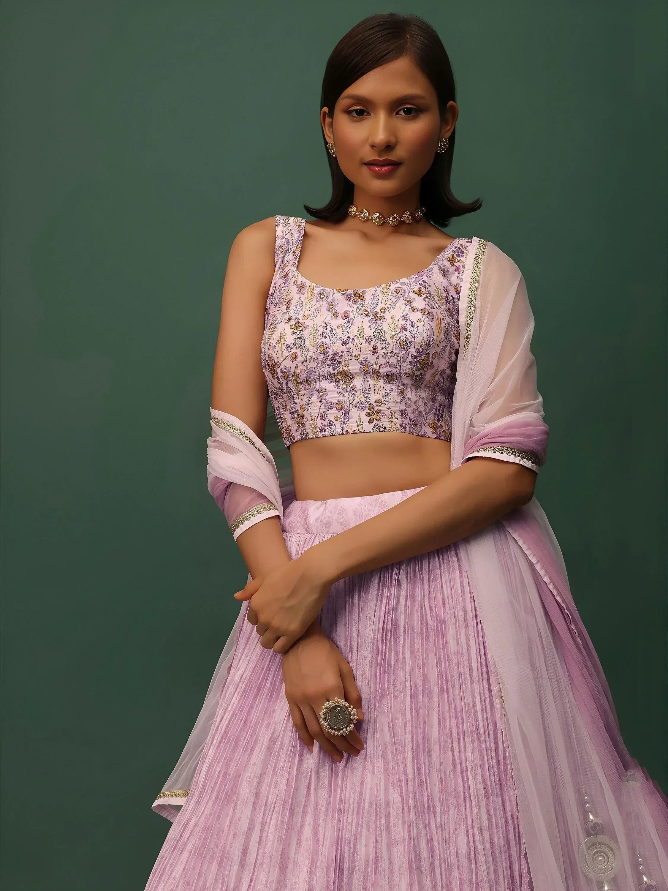 Lavender floral embroidered lehenga choli with sheer dupatta, perfect for Indian ethnic occasions