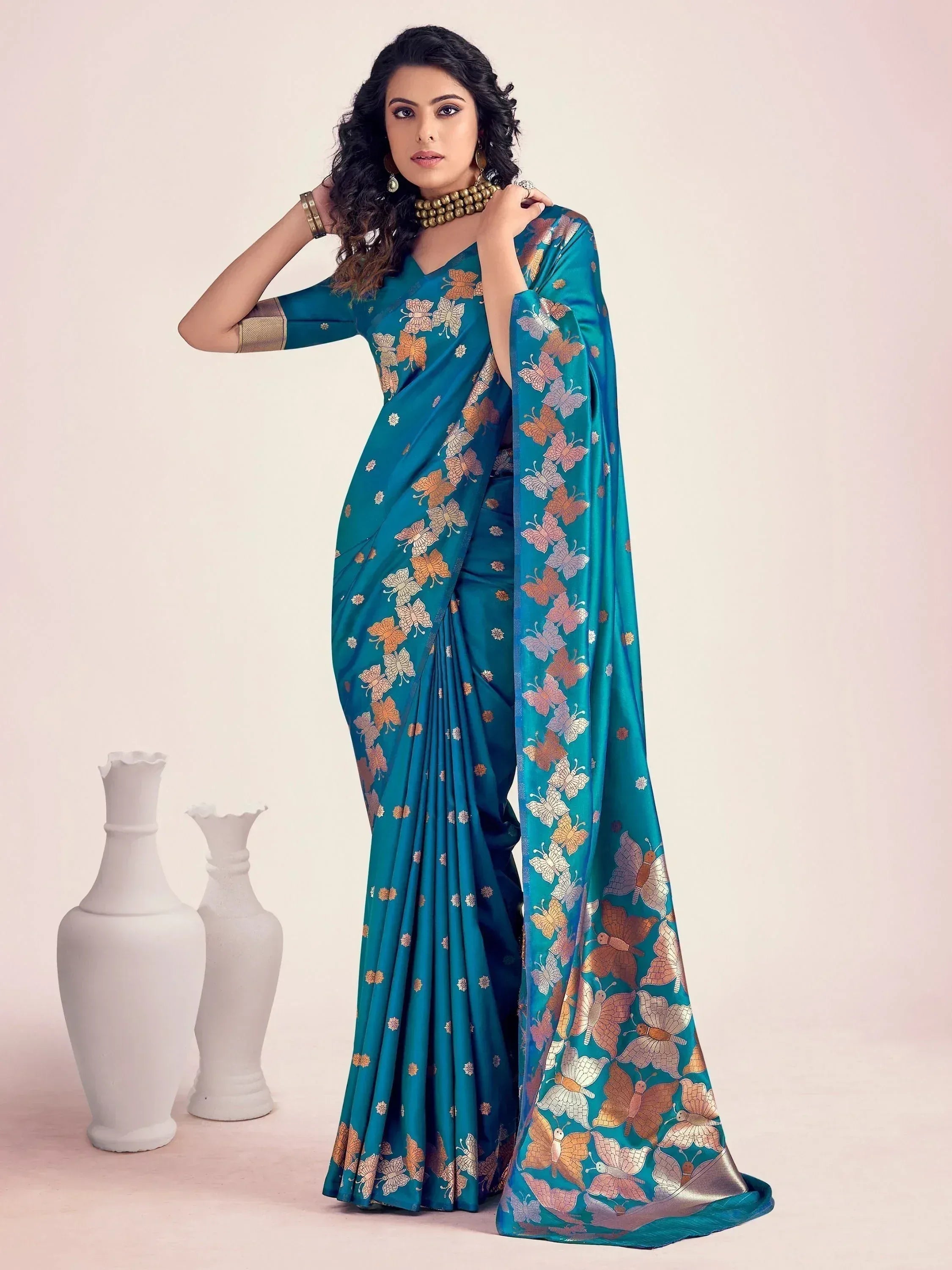Teal saree with golden butterfly print, ethnic Indian wear for women, stylish designer saree