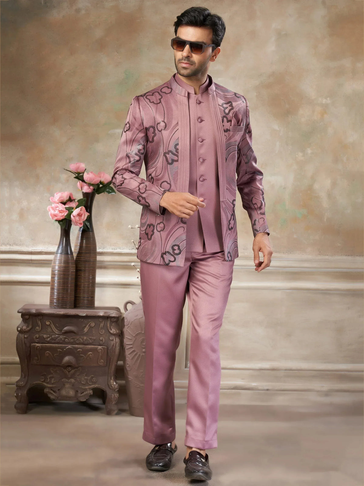 Men's pink designer sherwani with floral print, perfect for weddings and ethnic events