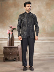 Amazing Black Embroidered Imported Wedding Wear Jodhpuri Set For Men