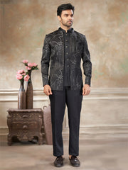 Amazing Black Embroidered Imported Wedding Wear Jodhpuri Set For Men