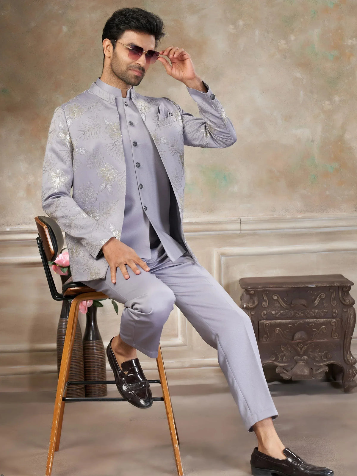 Man in grey embroidered sherwani with matching pants, stylish ethnic wear for men