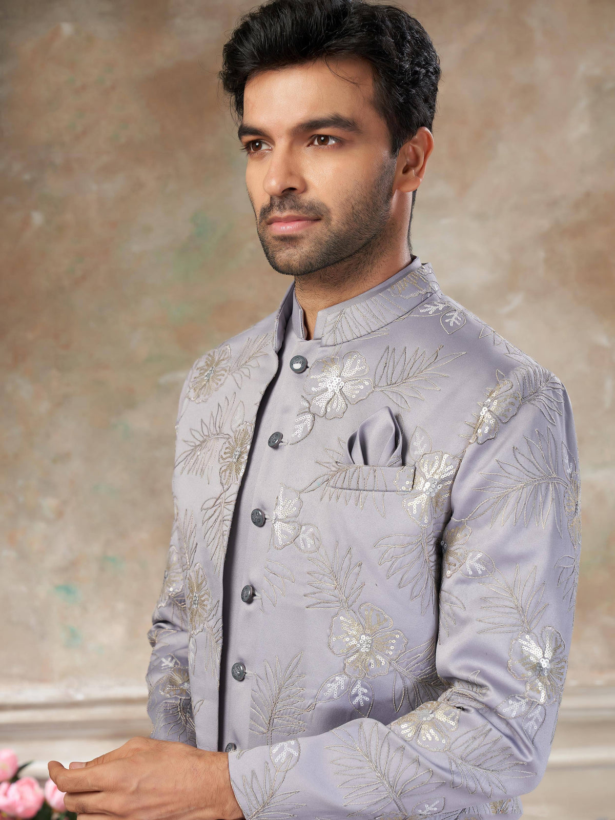Man in grey floral embroidered sherwani for Indian weddings and ethnic occasions